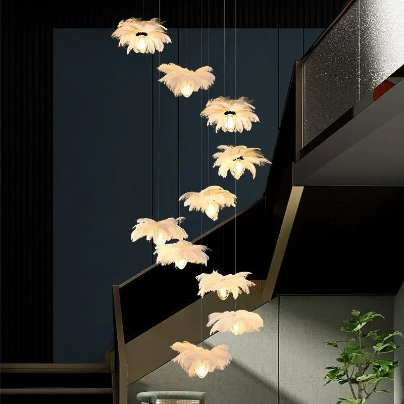 2024Staircase Feather Chandelier Ostrich Glass Design Pendant Chandelier Lighting Home Decor Suspend Lustre Fixtures - vue 4 sur 11
