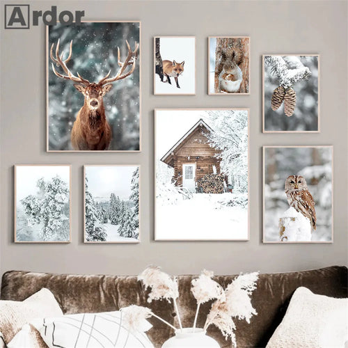 décoration murale renard hibou cerf forêt hiver neige - vue 3 sur 7