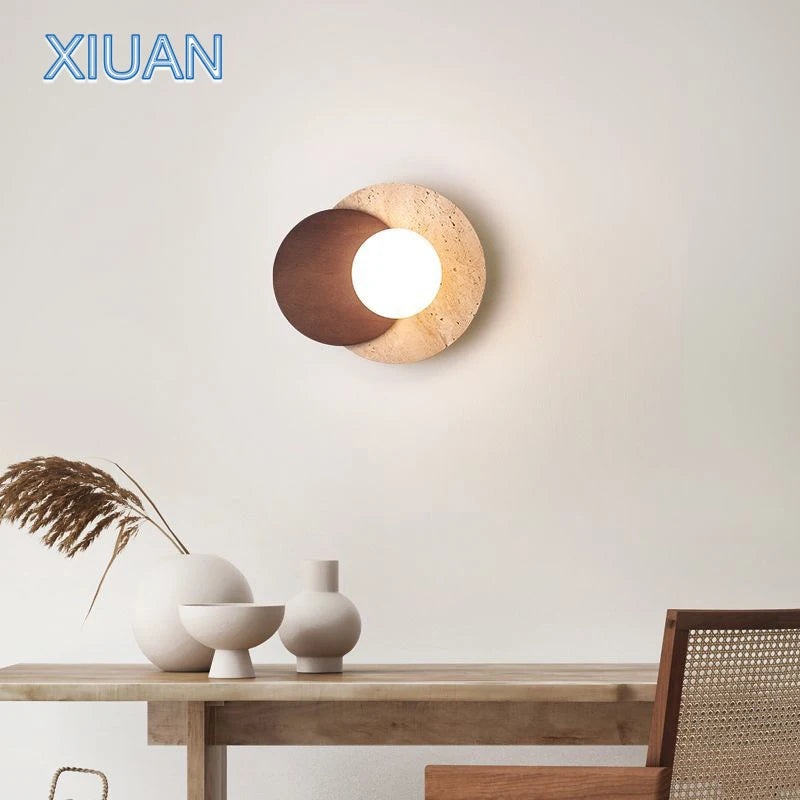Japanese style Wabi-sabi Round Wall Lamps for Living Room Bedside Aisle Stair Entrance Decor Yellow Cave Stone Solid Wood Light - vue 4 sur 8