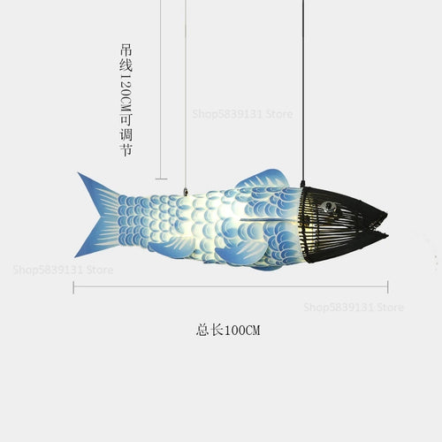 lustre en bambou style chinois créatif avec gros poisson - vue 10 sur 12