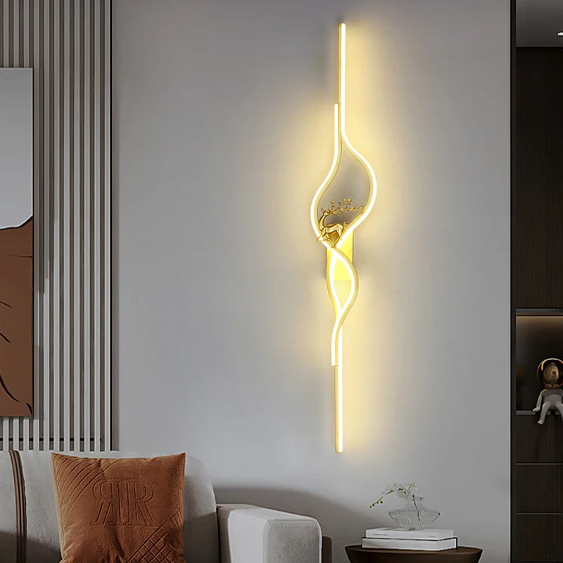 Modern Living Room Long Wall Lights with Anlter Design Gold Black TV Background Decorative Wall Lamp for Bedroom Remote Control - vue 4 sur 23