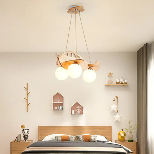 lustre avion en bois led pour chambre d'enfant moderne - vue 5 sur 7