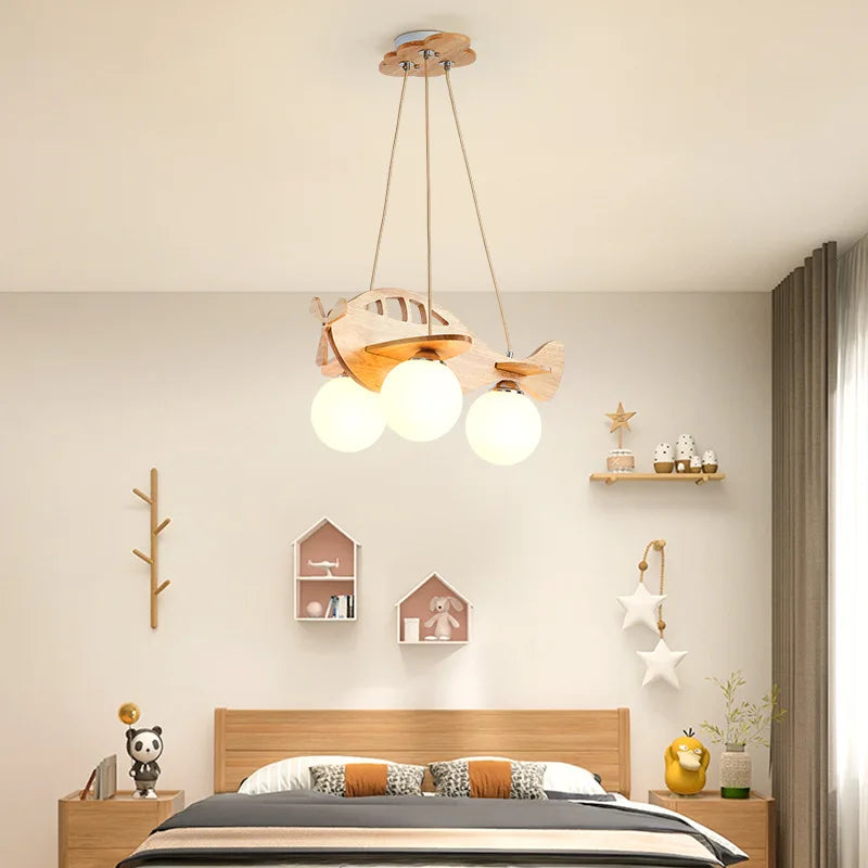 lustre avion en bois led pour chambre d'enfant moderne - vue 4 sur 7