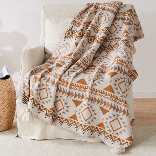 plaid tricoté bohème à rayures avec pompons déco - vue 4 sur 6