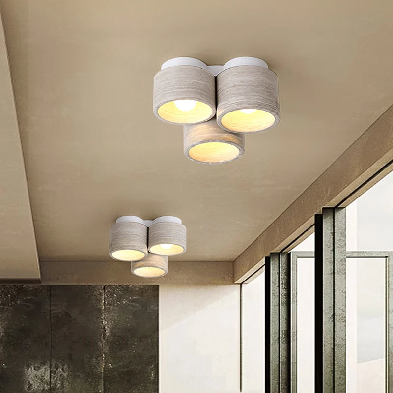 plafonnier led moderne wabi sabi en pierre grain de bois à 3 têtes - vue 3 sur 6