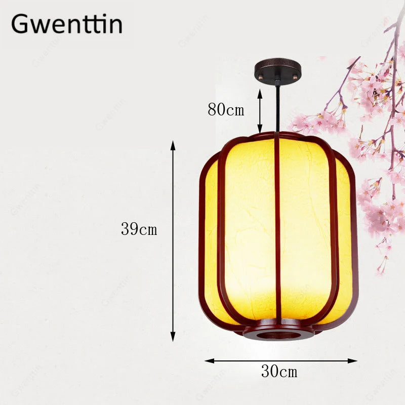 suspension en bois style chinois avec lanterne en peau de mouton