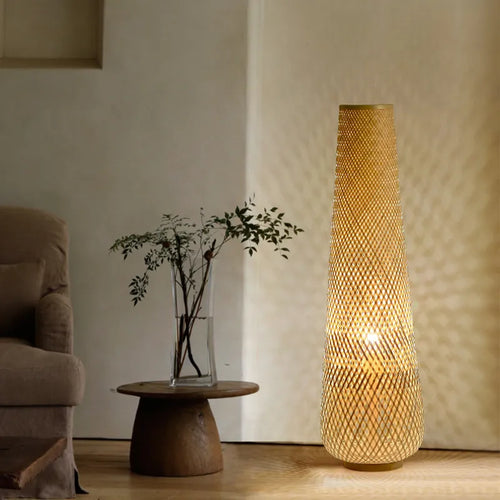 Lampadaire design osier bambou tissé style rétro - vue 2 sur 9