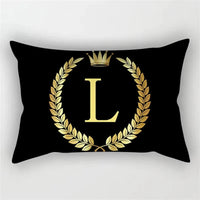 housse de coussin décorative motif lettres noires et dorées