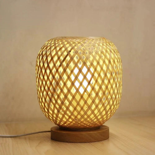 Bamboo Weaving Table Lamp with Handmade Natural Wooden Base, Retro Desk Lamp Reading Light Home Decor  Table Lamp - vue 2 sur 6