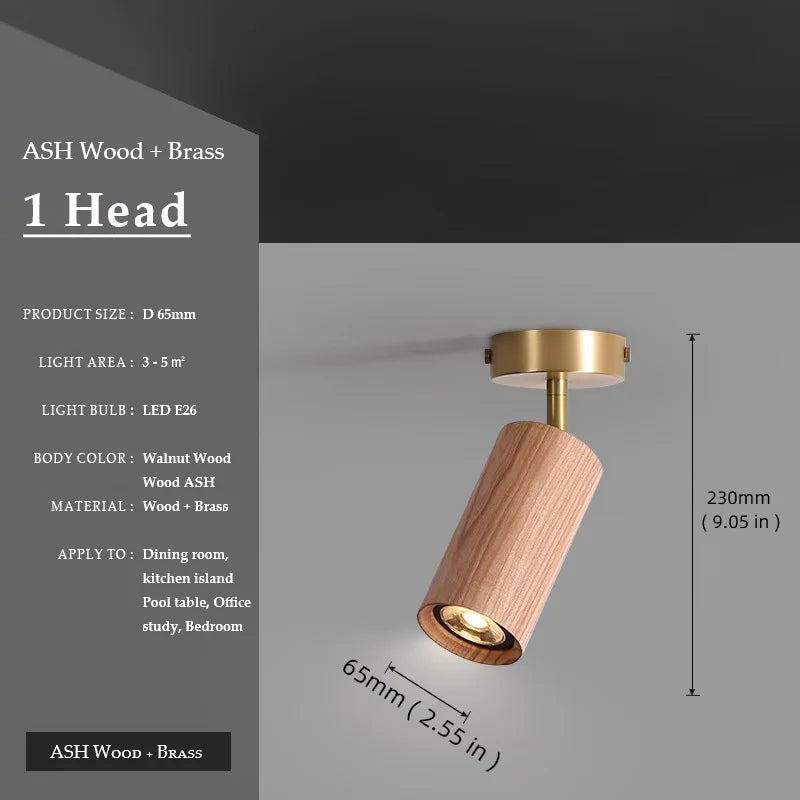 Walnut Wood Brass Spotlight Ceiling Light Fixture, Living Room Light for Dining Room, Kitchen Island, Corridor aisle, bedroom - vue 10 sur 14
