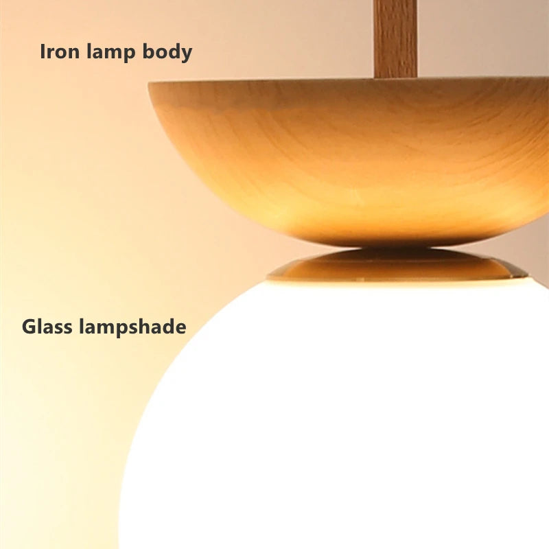 plafonnier led noyer nordique grain de bois boule ronde abat-jour en verre - vue 6 sur 10