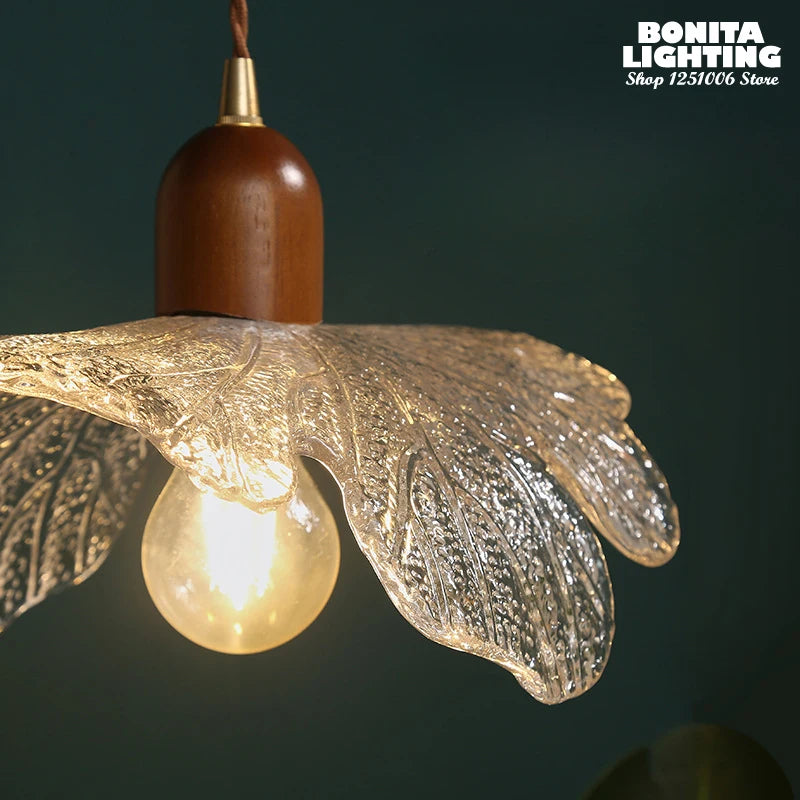 suspension lotus en noyer laiton et verre rétro - vue 4 sur 8