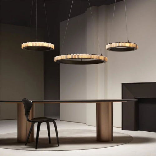 Lustre design anneaux LED postmoderne marbre or noir rond design pour salle à manger - vue 3 sur 16