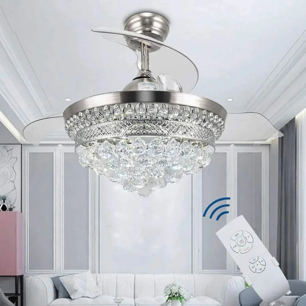 lustre ventilateur chromé en cristal avec lumière led changeante - vue 2 sur 8