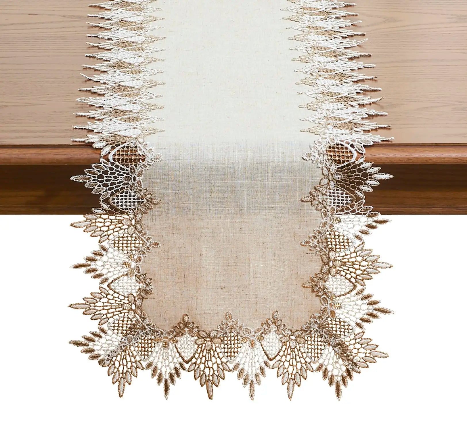 Chemin de table lin brodé style dentelle classique élégante - vue 1 sur 7