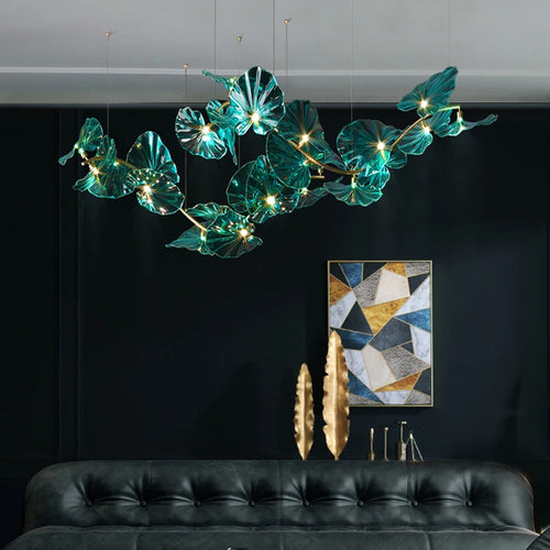 lustre artistique avec feuilles de verre suspendu led pour hôtel - vue 3 sur 13