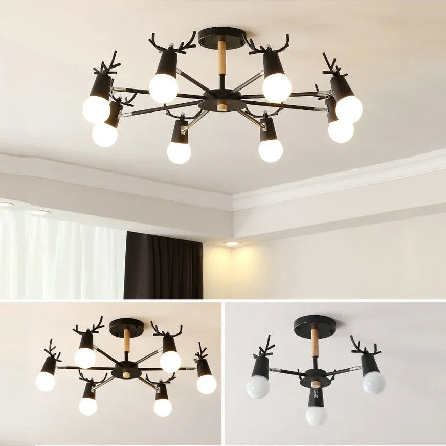 lustre led en fer et bois forme cerf pour décoration intérieure - vue 4 sur 12