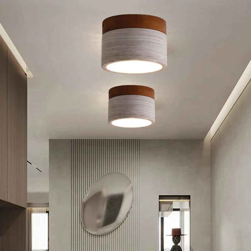 plafonnier minimaliste en marbre naturel et bois foncé - vue 3 sur 7
