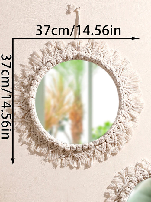 miroir suspendu en macramé décoratif avec pompons tissés - vue 7 sur 14