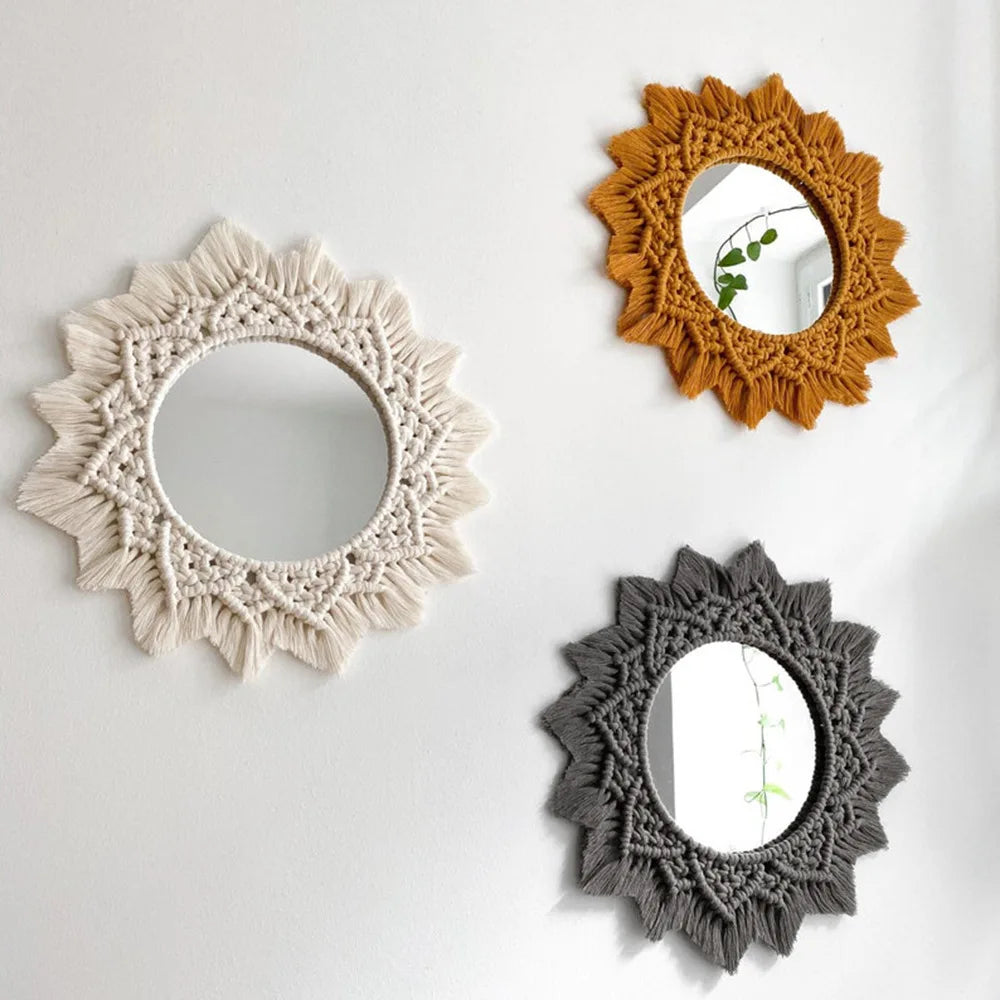 miroir rond en macramé style bohème pour décoration murale - vue 4 sur 19