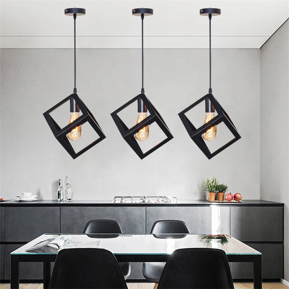 Black Geometric Pendant Lighting Modern Square Hanging Light Ceiling Fixture for Kitchen Island, Foyer, Hallway, Bedroom E27 - vue 2 sur 8