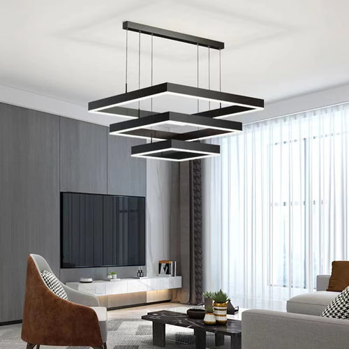 Lustre Led carré moderne pour salon salle à manger chambre cuisine noir Rectangle Led plafonnier suspension lampe - vue 2 sur 18