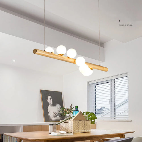 LED longue suspension en bois lumières moderne boule de verre lustre Art Design Luminaire en bois G9 suspension pour éclairage de salle à manger - vue 4 sur 10