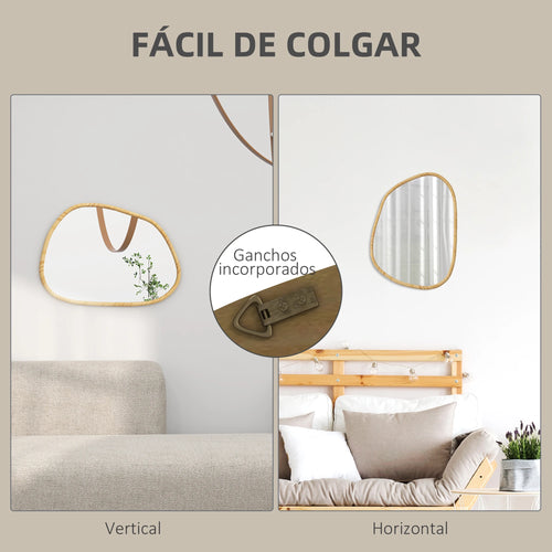 miroir mural homcom forme irrégulière avec cadre en bois naturel - vue 6 sur 7