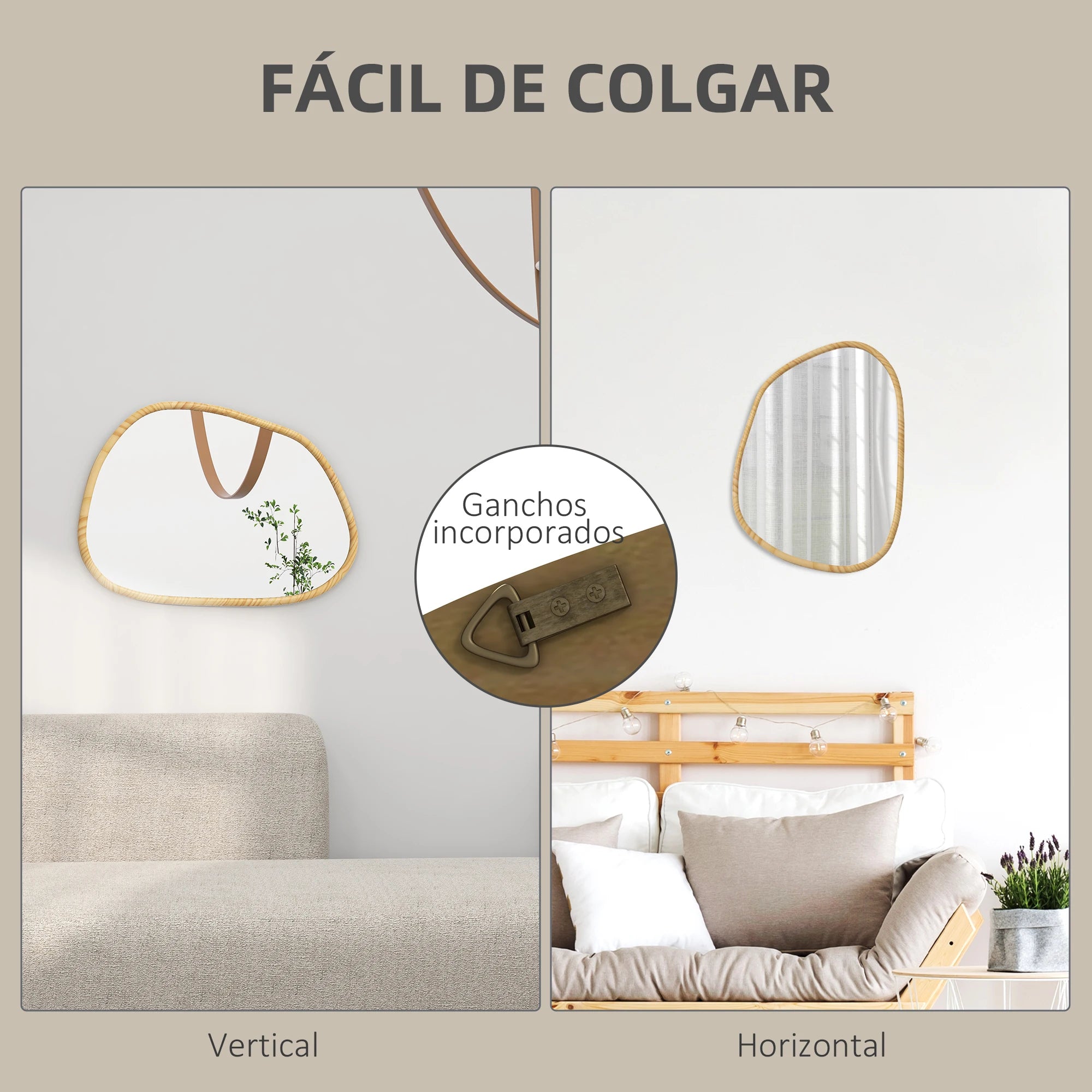 miroir mural homcom forme irrégulière cadre en bois naturel - vue 6 sur 7