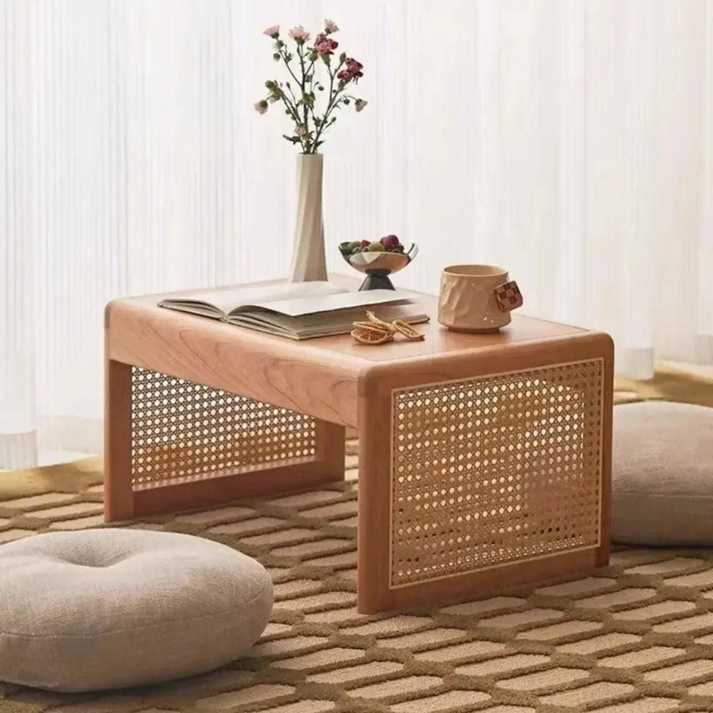 table basse en rotin massif style japonais rétro pour loisirs - vue 3 sur 10