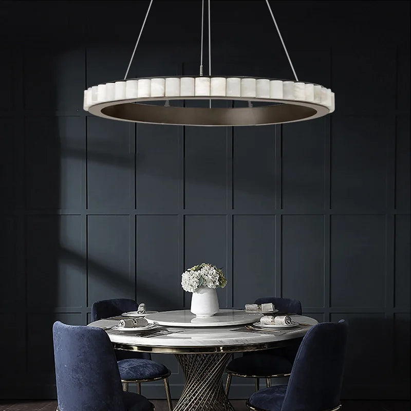 Lustre design anneaux LED postmoderne marbre or noir rond design pour salle à manger - vue 5 sur 16