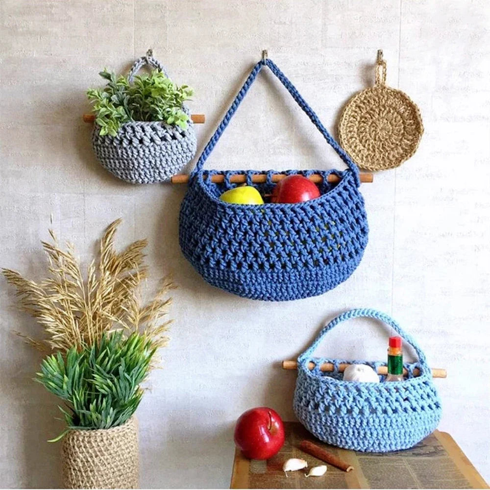 paniers suspendus en macramé lot de trois niveaux de rangement - vue 3 sur 9
