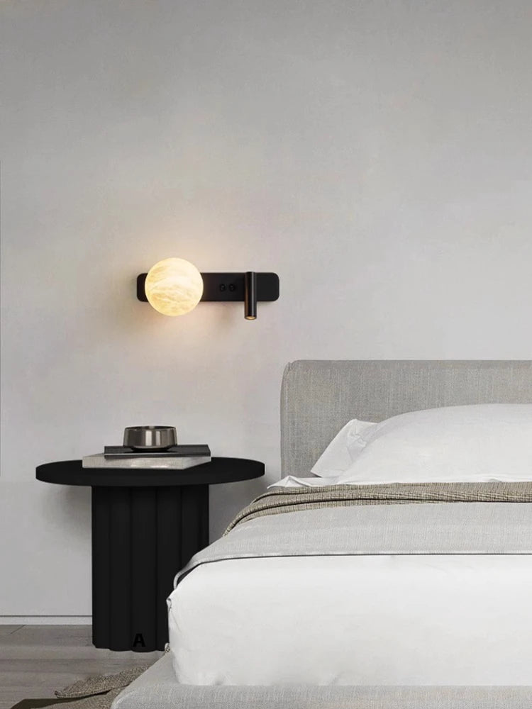 Modern Minimalist Black Rotatable All Copper Natural Marble Wall Lamp, Bedroom Bedside Lamp, Light Luxury Living Room Wall Lamp - vue 3 sur 7