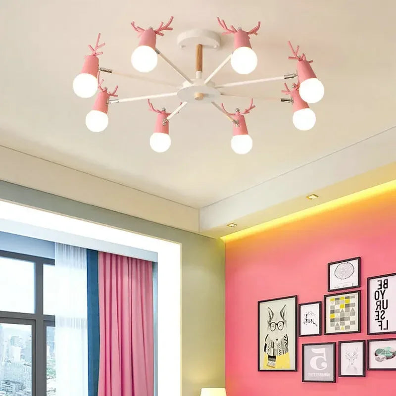 lustre led en fer et bois forme cerf pour décoration intérieure - vue 2 sur 12