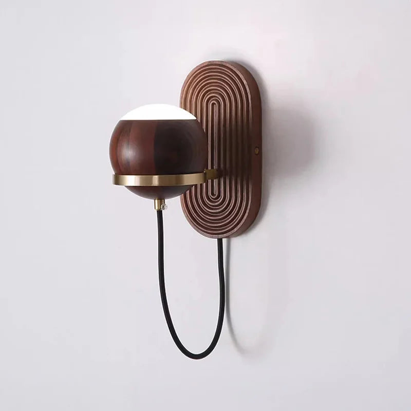 Walnut Wood Circular Sphere, Wabi-sabi minimalist Modern style, Wall Sconce light for Bedroom, Bedside, Living, Dining Room - vue 5 sur 8