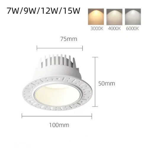 Borderless Embedded Anti Glare COB Downlight 7W 9W 12W 15W Dimmable 85-265V Spotlight Ceiling Lamp, Suitable For Hotel And villa - vue 6 sur 8