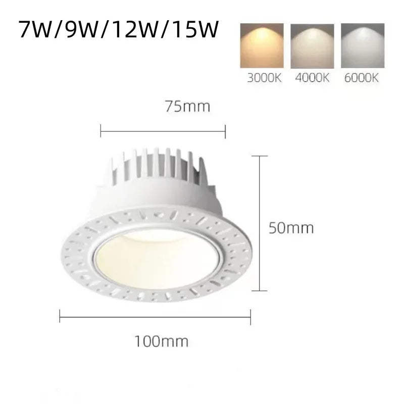 Borderless Embedded Anti Glare COB Downlight 7W 9W 12W 15W Dimmable 85-265V Spotlight Ceiling Lamp, Suitable For Hotel And villa - vue 5 sur 8