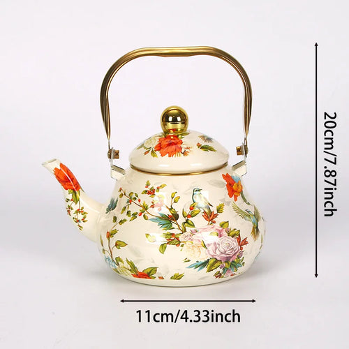 bouilloire vintage émaillée motif floral poignée dorée cuisine - vue 6 sur 5