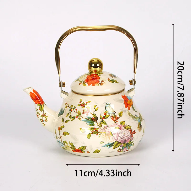 bouilloire vintage émaillée motif floral poignée dorée cuisine - vue 5 sur 5