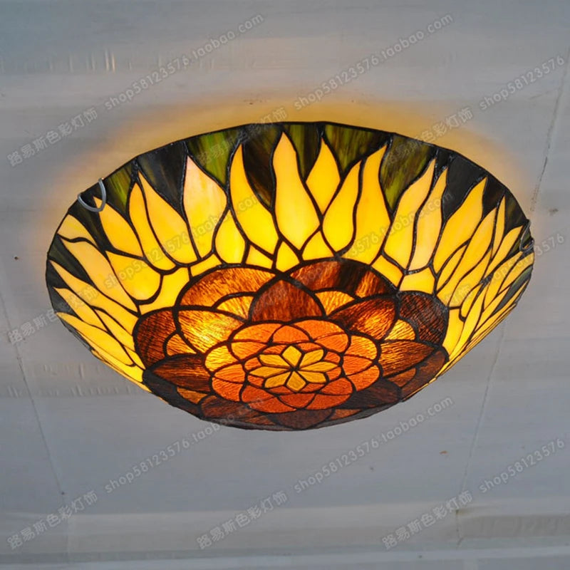 16-Inch Continental Sunflower Ceiling Tiffanylamps Bedroom Children's Den Bar Glass Art Lighting Personality Stairs - vue 5 sur 8