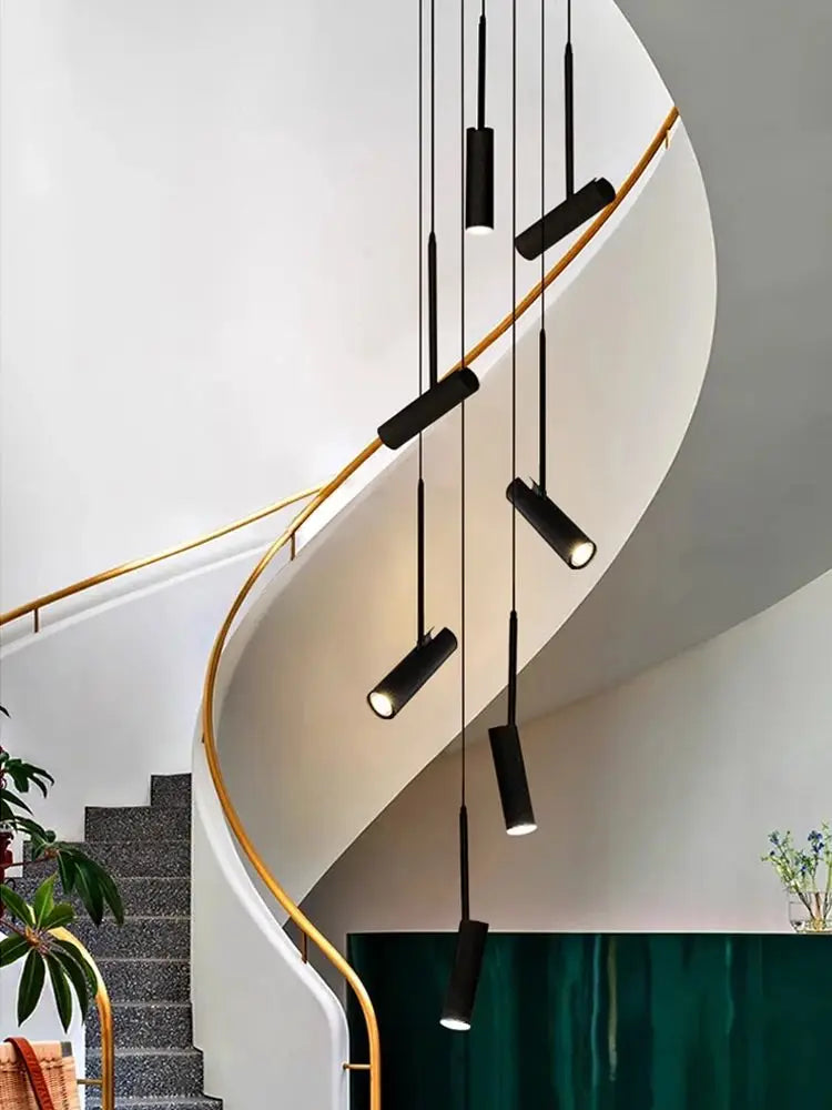 Led cylindrique spot suspension design moderne Restaurant éclairage noir blanc minimaliste escalier Long lustre - vue 4 sur 14