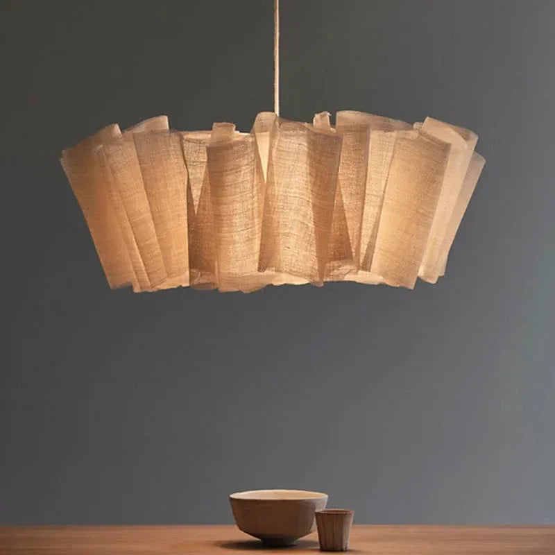 suspension plissée en lin vintage abat-jour fait main style wabi sabi - vue 3 sur 9