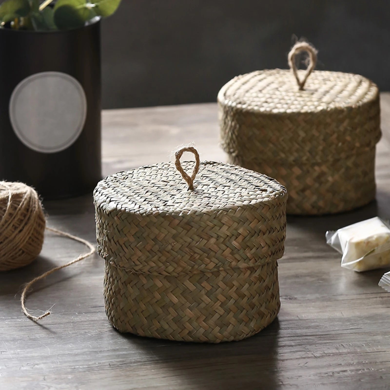 panier de rangement en rotin tissé fait main avec couvercle - vue 4 sur 7