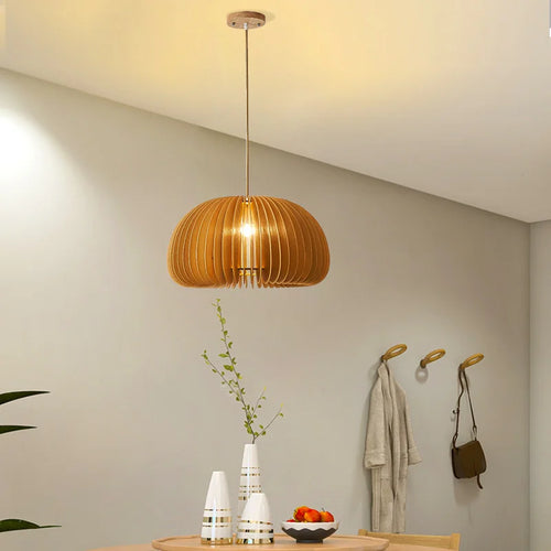 lustre en bois japonais style nordique rétro citrouille pour intérieur - vue 2 sur 11
