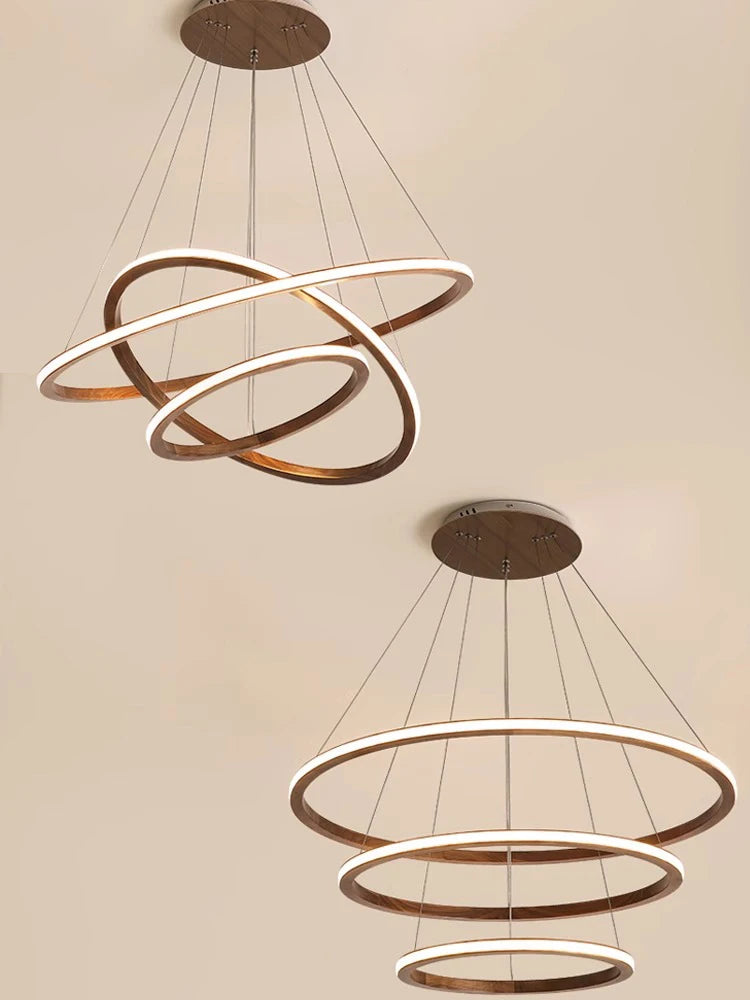 lustre led design moderne en bois anneau décoration rétro - vue 6 sur 14