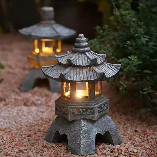 sculpture de jardin lampe solaire en résine design japonais étanche - vue 2 sur 9