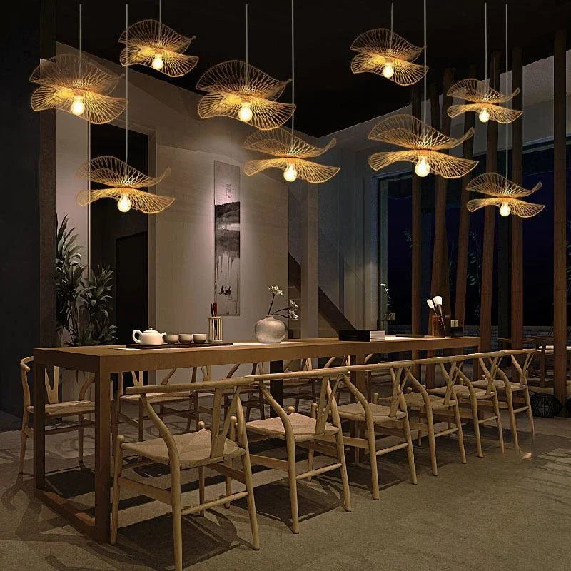 lustre chinois fait main en bambou avec éclairage led suspendu - vue 4 sur 7