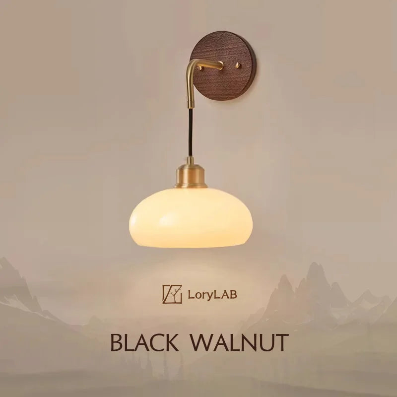 Walnut Wood Glass Brass, Wabi-sabi minimalist Modern style, Wall Sconce light for Bedroom, Bedside, Living, Dining Room - vue 1 sur 7