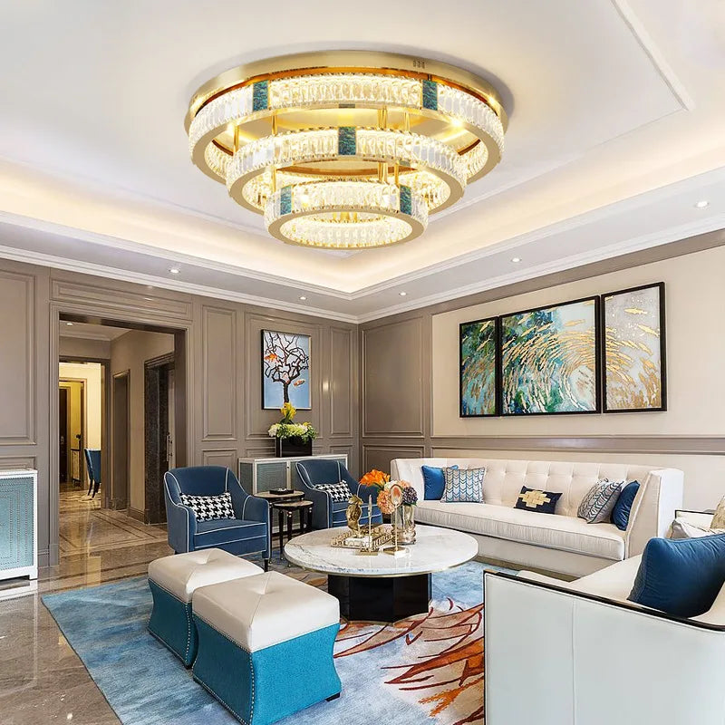 lustre moderne en cristal rond à trois couches led - vue 3 sur 15