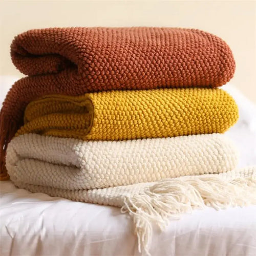 Plaid tricoté nordique à pompons canapé lit - vue 4 sur 4
